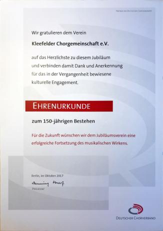150. Jubiläum-Urkunde-Deutscher Chorverband